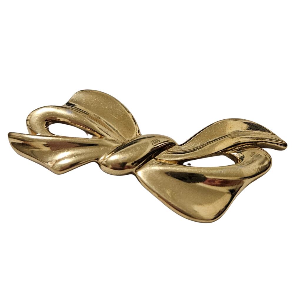 Polished Gold Tone Retro Napier Signed Bow Ribbon Brooch Safety Latch Vintage